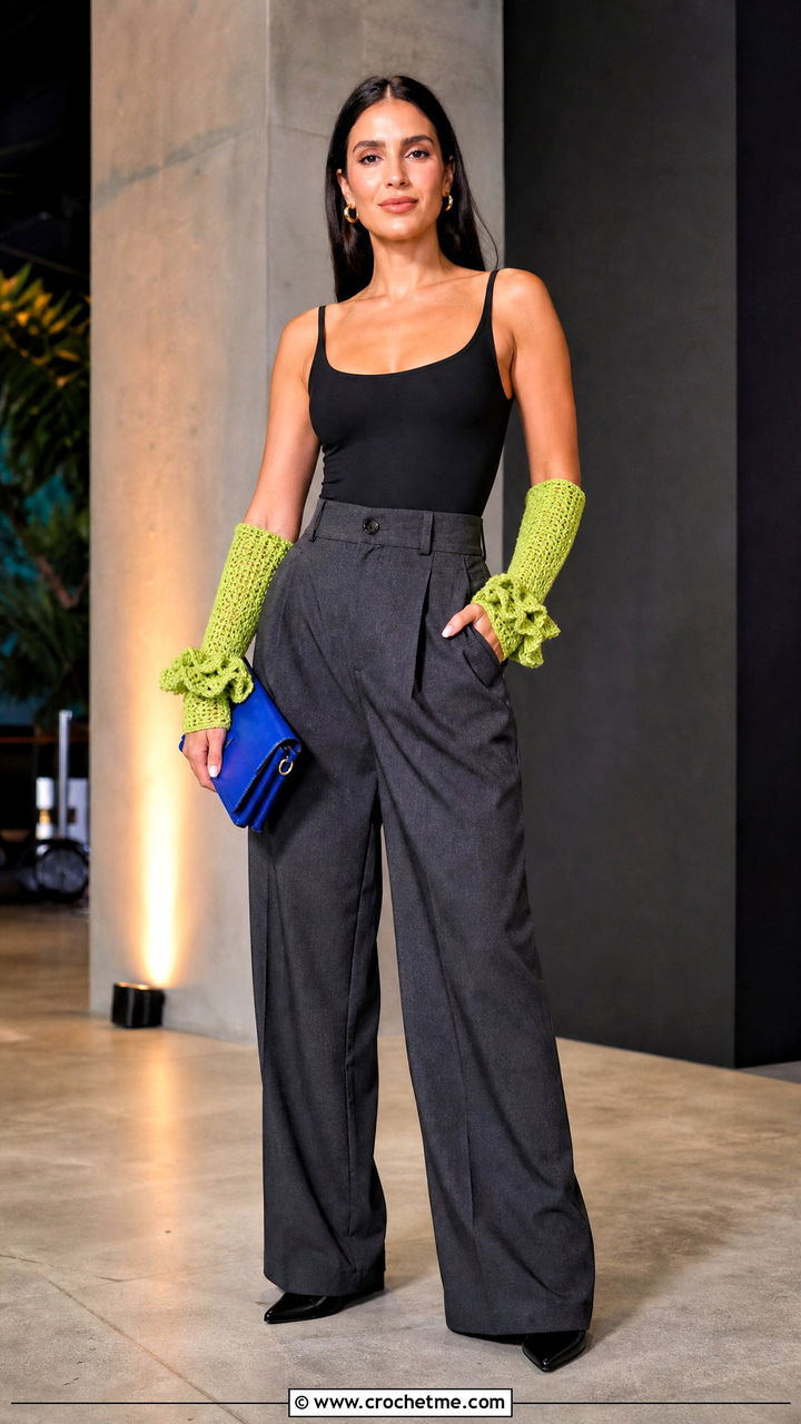 Ruffled Crochet Arm Warmers With Wide Leg Trousers - 35 crochet arm warmers outfit ideas