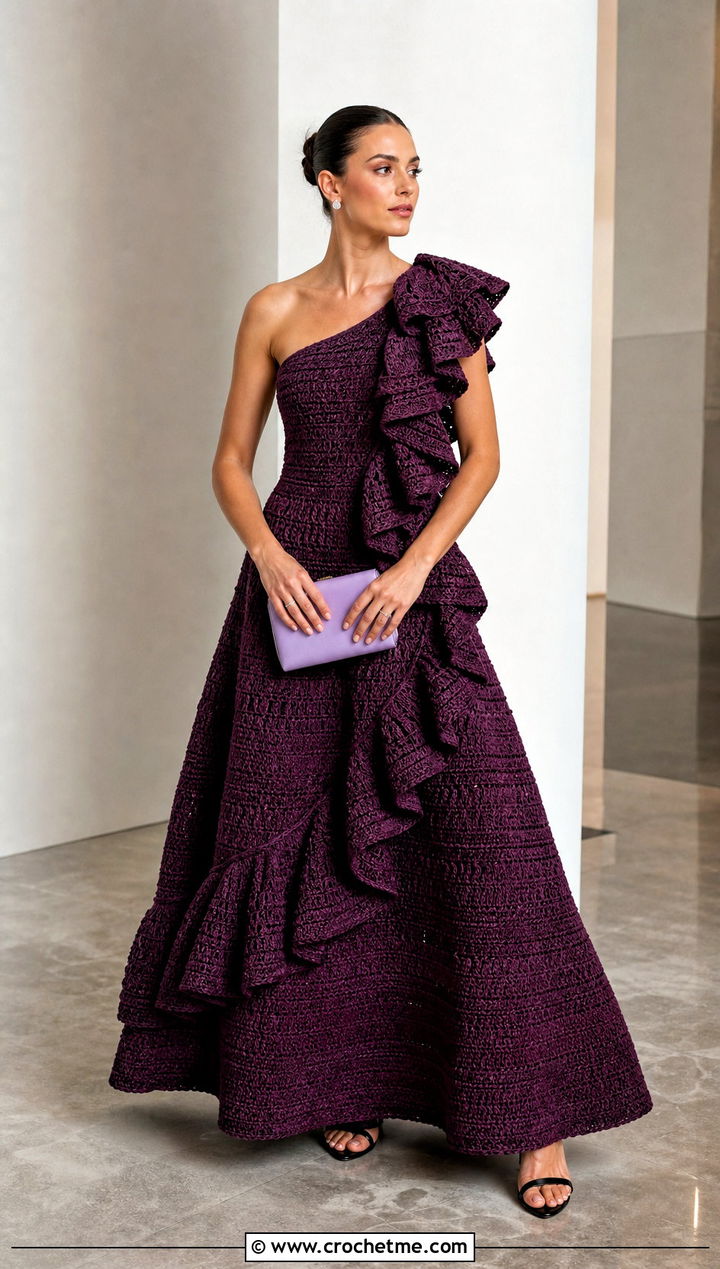 Ruffled Crochet Ball Gown With Simple Sandals - 30 crochet ball gown dress outfit ideas