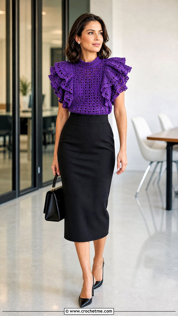 Ruffled Crochet Blouse With Pencil Skirt - 35 crochet blouse outfit ideas