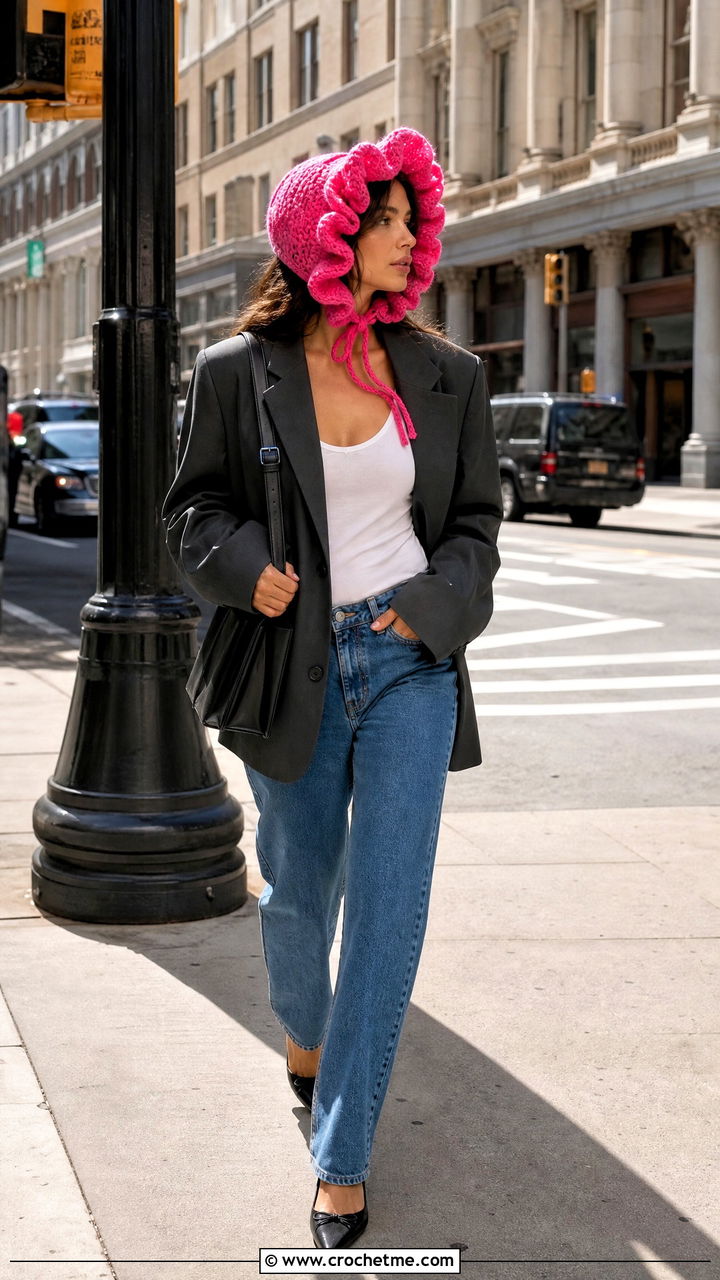 Ruffled Crochet Bonnet With Blazer And Jeans - 35 crochet bonnets outfit ideas