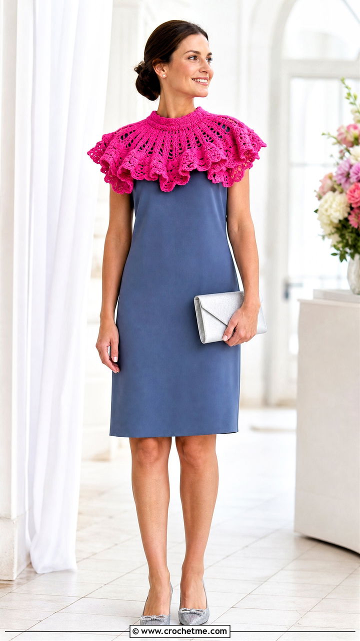 Ruffled Crochet Capelet With A Simple Shift Dress - 35 crochet cape outfit ideas