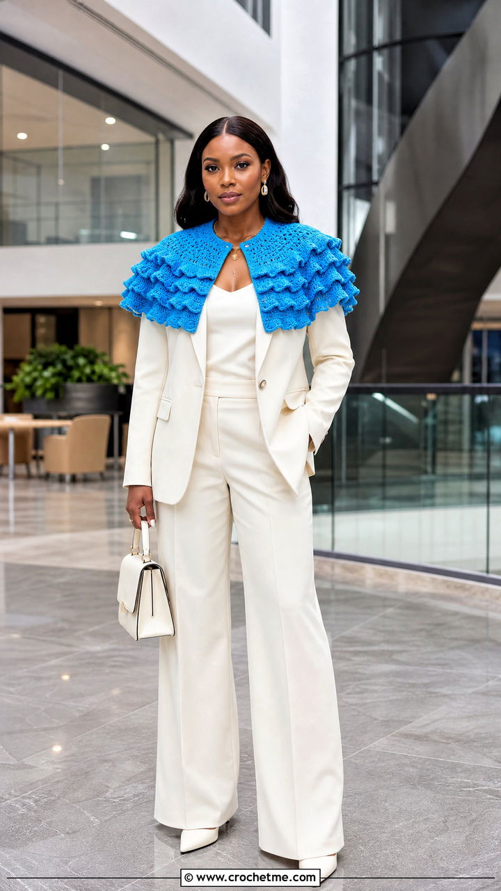 Ruffled Crochet Capelet With Straight Leg Suit - 35 crochet capelet outfit ideas