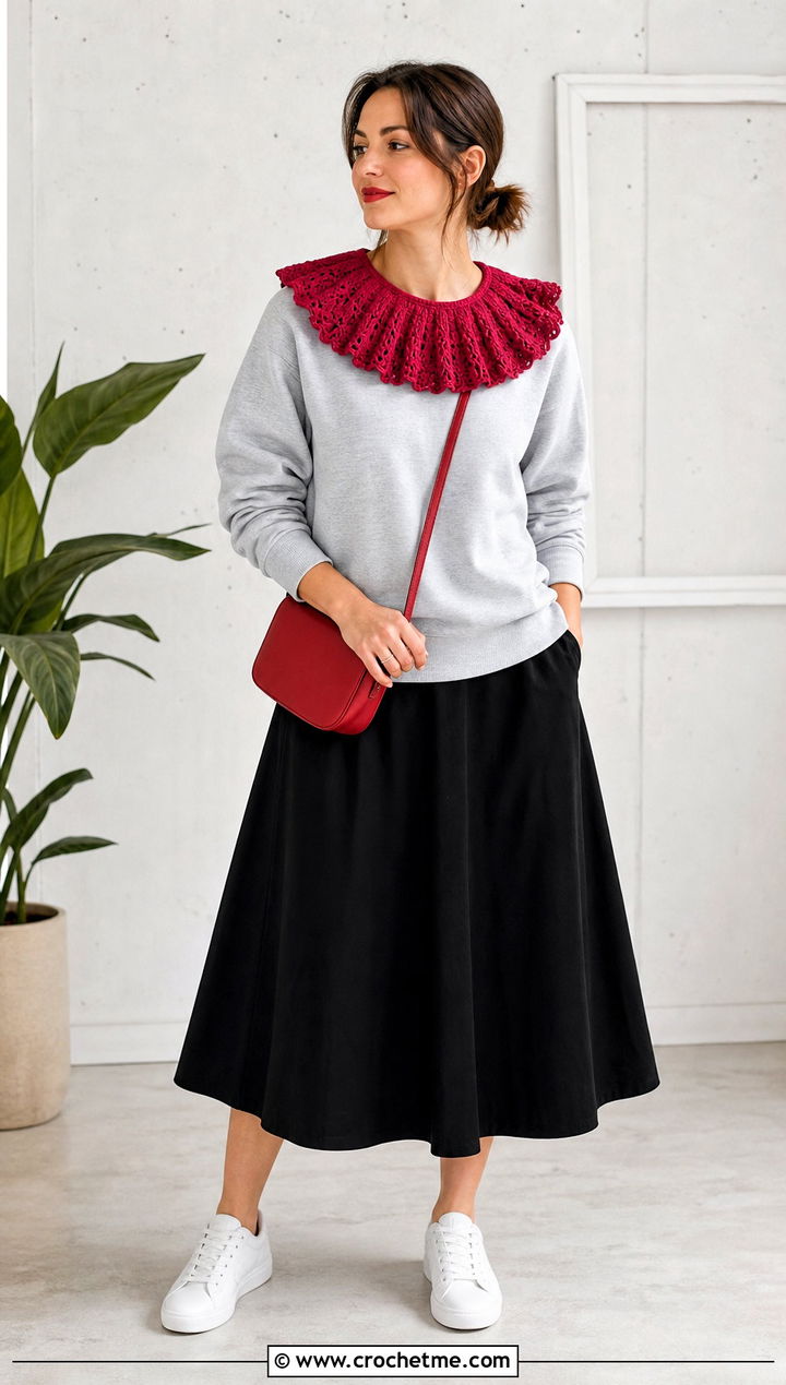 Ruffled Crochet Collar With Sweatshirt And Skirt - 15 beginner crochet collar outfit ideas