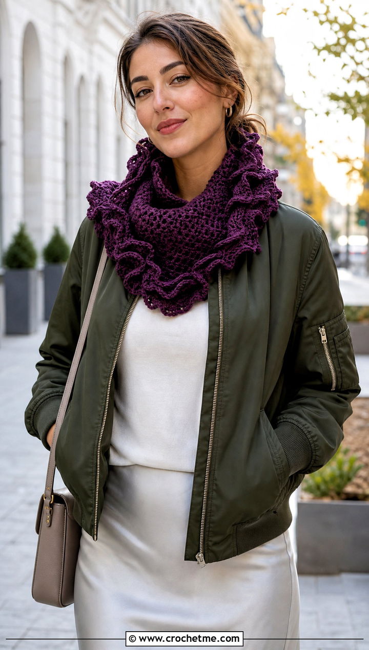 Ruffled Crochet Cowl With Bomber Jacket And Slip Skirt - 35 crochet neck warmer cowls outfit ideas