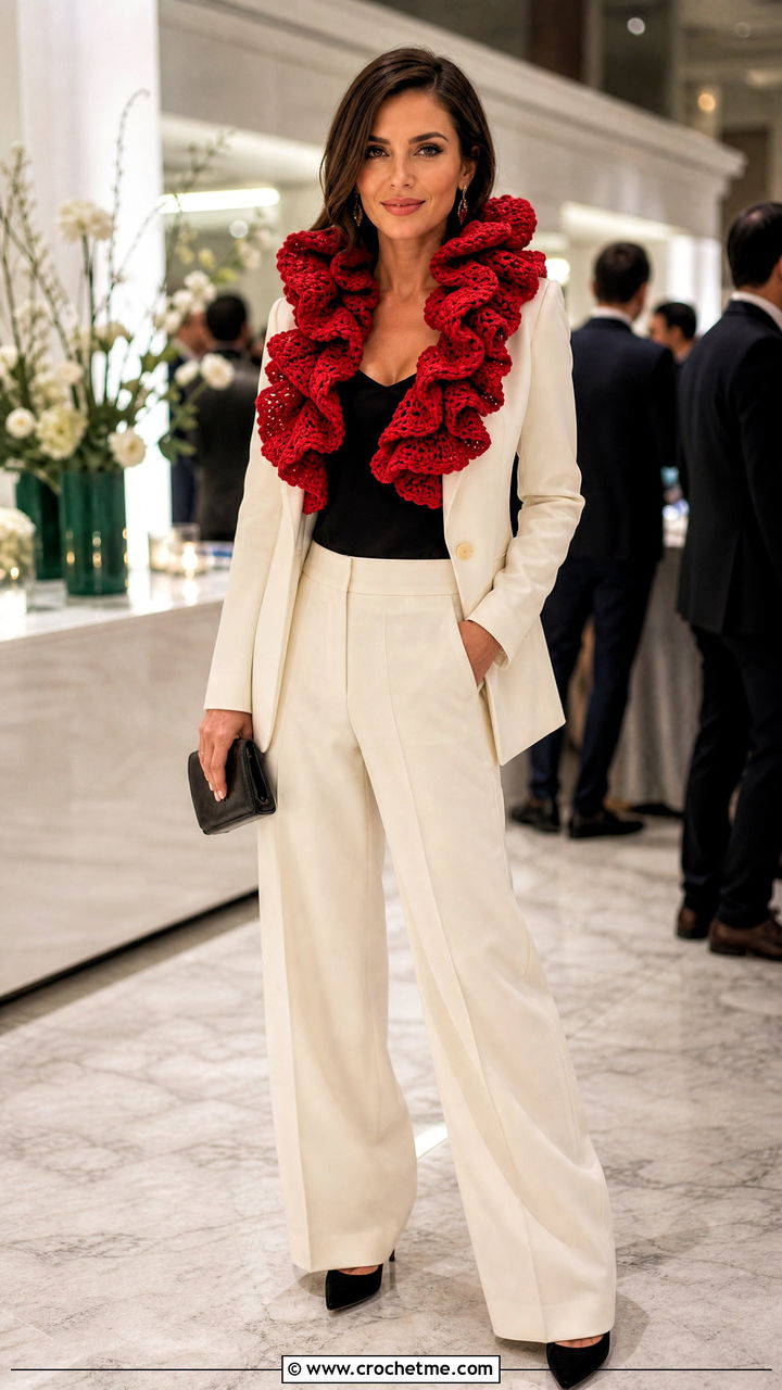 Ruffled Crochet Cowl With Evening Pantsuit - 35 crochet cowls outfit ideas