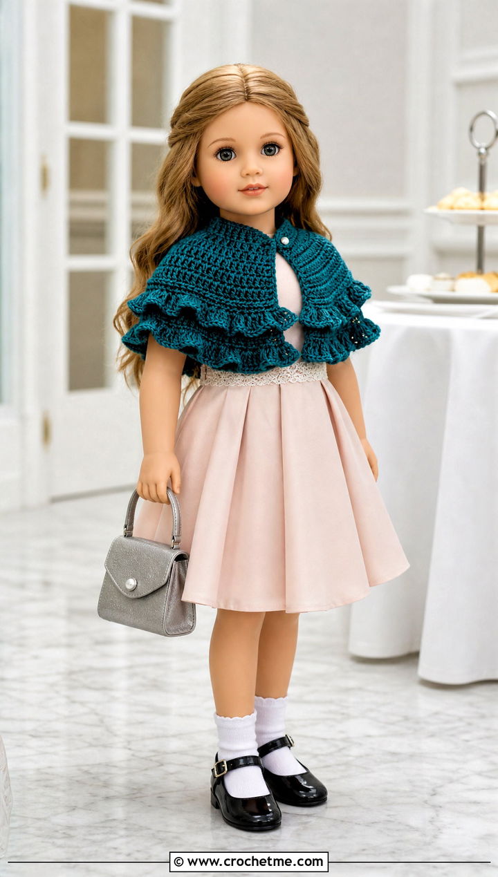Ruffled Crochet Doll Capelet With Party Dress - 25 Crochet Doll Cape outfit ideas