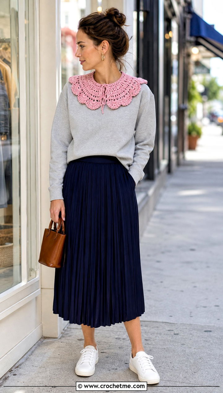 Ruffled Crochet Doll Collar With Sweatshirt And Pleated Skirt - 25 Crochet Doll Collar outfit ideas