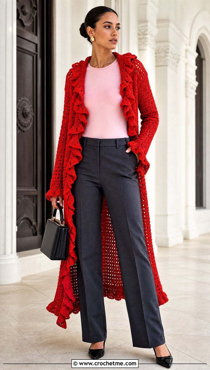 Ruffled Crochet Duster With Straight Trousers - 35 crochet long jacket outfit ideas