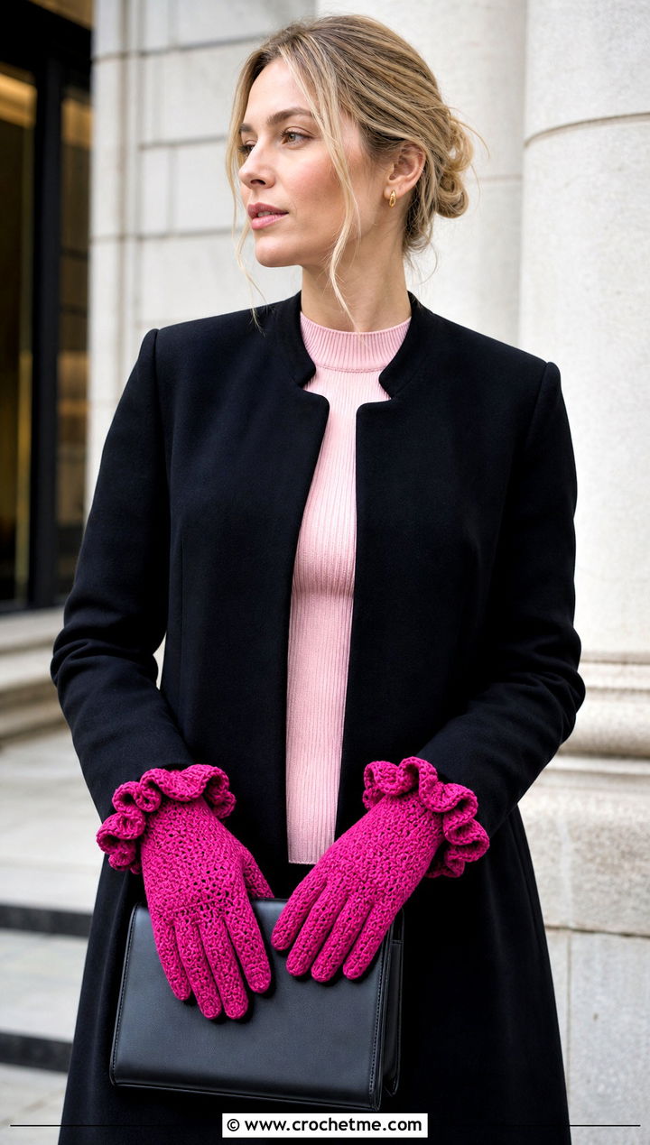 Ruffled Crochet Gloves With Minimalist Coat - 25 crochet glove outfit ideas