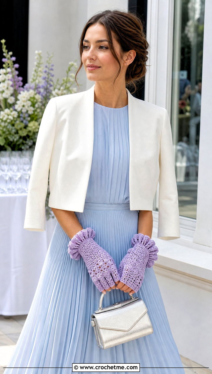 Ruffled Crochet Half Gloves With Pleated Dress - 30 crochet half gloves fingerless mitts outfit ideas