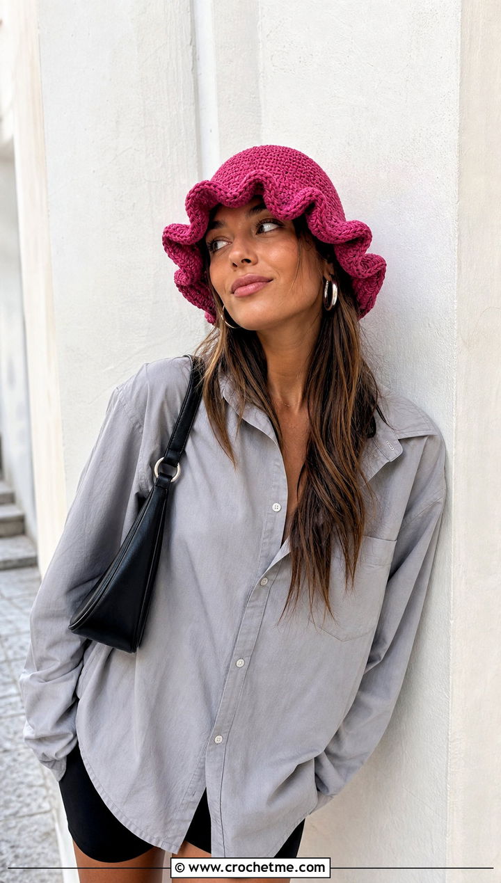 Ruffled Crochet Hat With Oversized Shirt And Bike Shorts - 25 Cool Crochet Hat outfit ideas