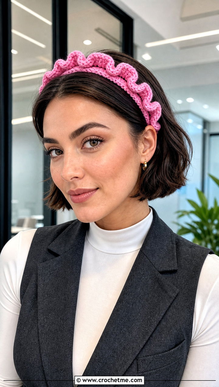 Ruffled Crochet Headband With Tailored Vest And Pants - 25 crochet headband for short hair outfit ideas