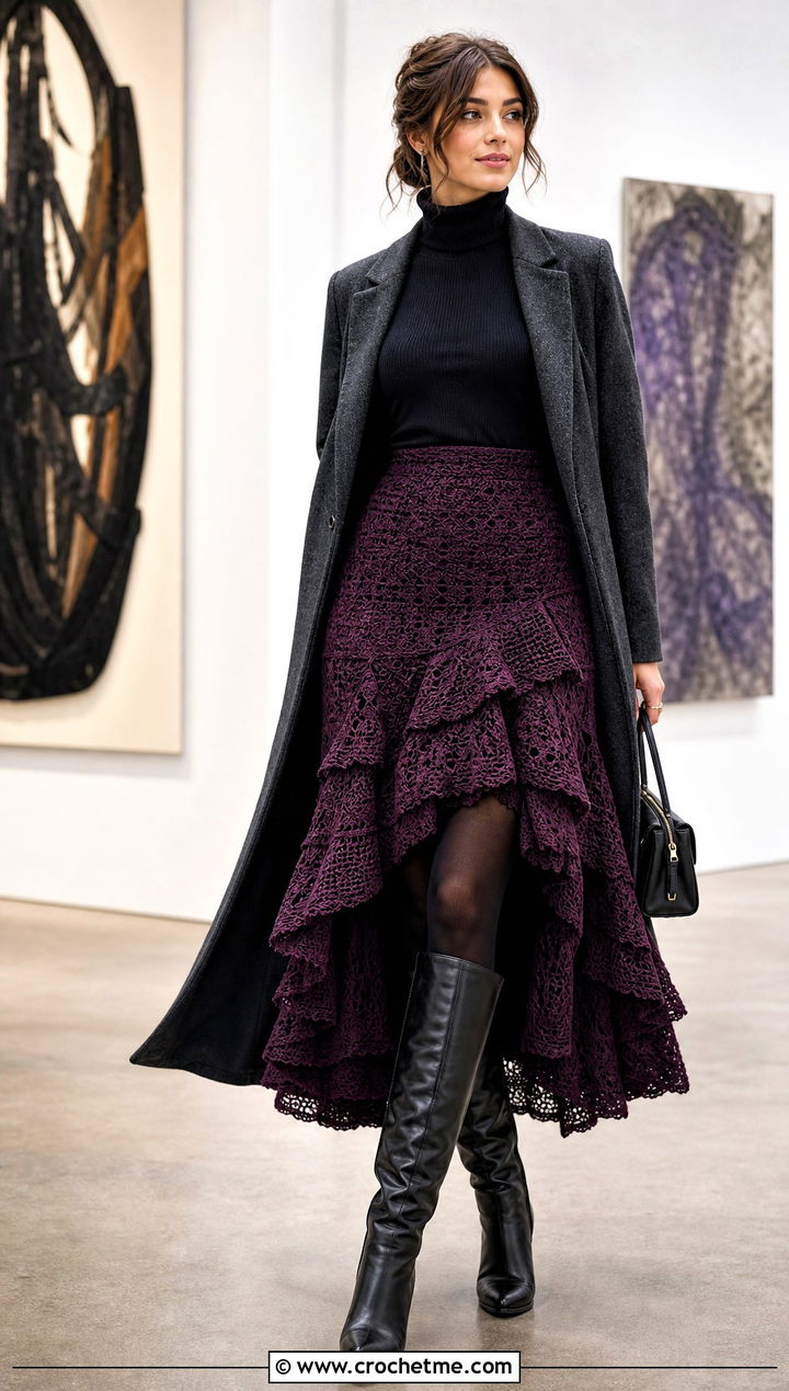 Ruffled Crochet High Low Skirt With Fitted Black Turtleneck - 25 crochet high low skirt outfit ideas