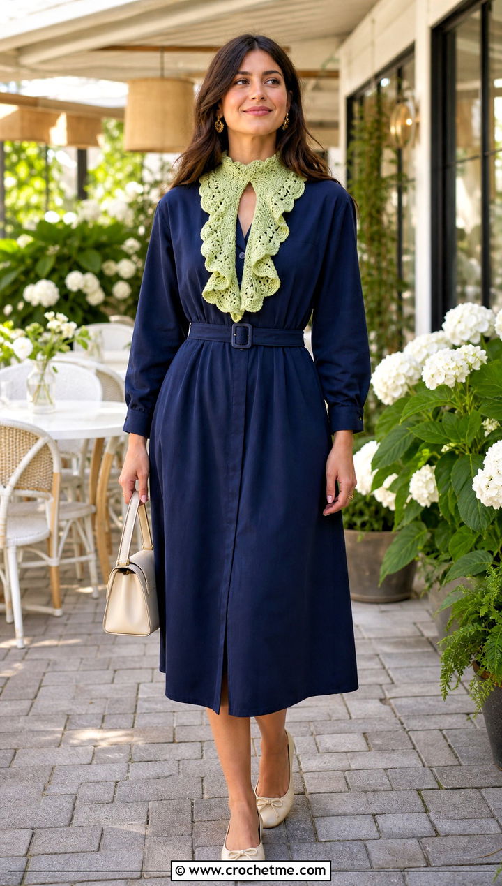 Ruffled Crochet Keyhole Scarf With Shirt Dress - 35 crochet keyhole scarf outfit ideas