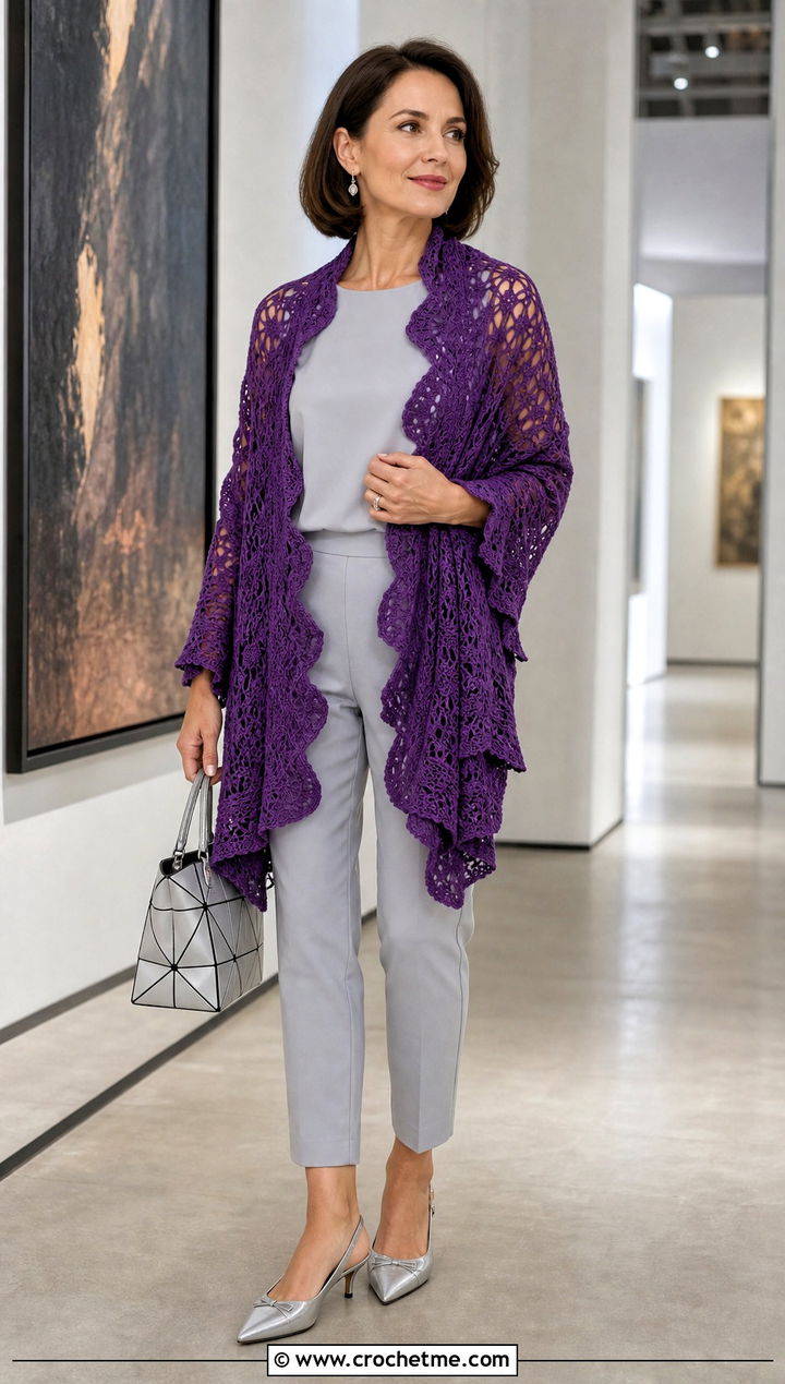 Ruffled Crochet Lace Shawl With A Sleek Pants Outfit - 30 easy crochet lace shawl outfit ideas