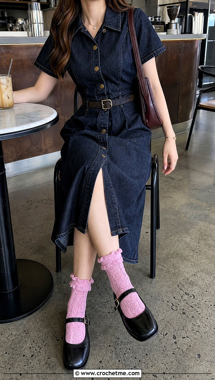 Ruffled Crochet Lace Socks With Mary Janes And Denim Dress - 25 Crochet Lace Socks outfit ideas