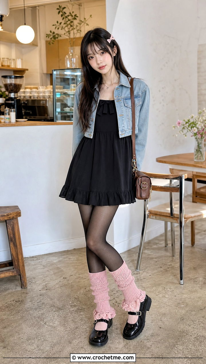 Ruffled Crochet Leg Warmers With Babydoll Dress - 30 aesthetic crochet leg warmers outfit ideas