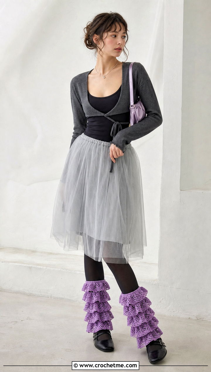 Ruffled Crochet Leg Warmers With Tulle Skirt - 20 Chunky Yarn Crochet Leg Warmers outfit ideas