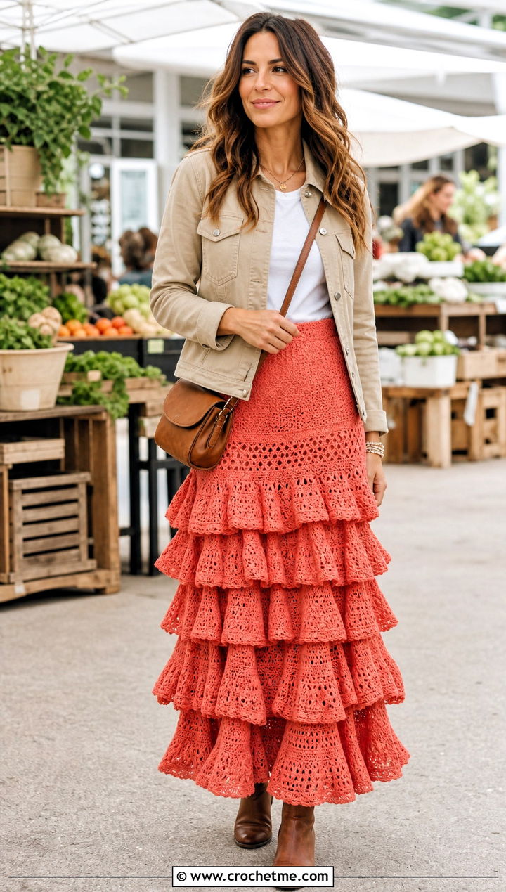 Ruffled Crochet Maxi Skirt With Chore Jacket - 35 long crochet skirt outfit ideas