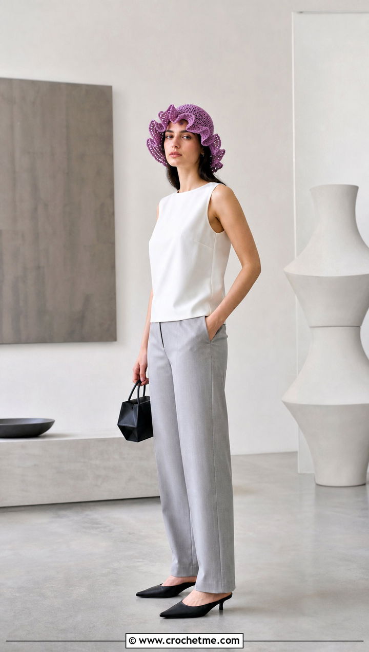 Ruffled Crochet Mesh Hat With Minimalist Separates - 35 crochet mesh hat outfit ideas