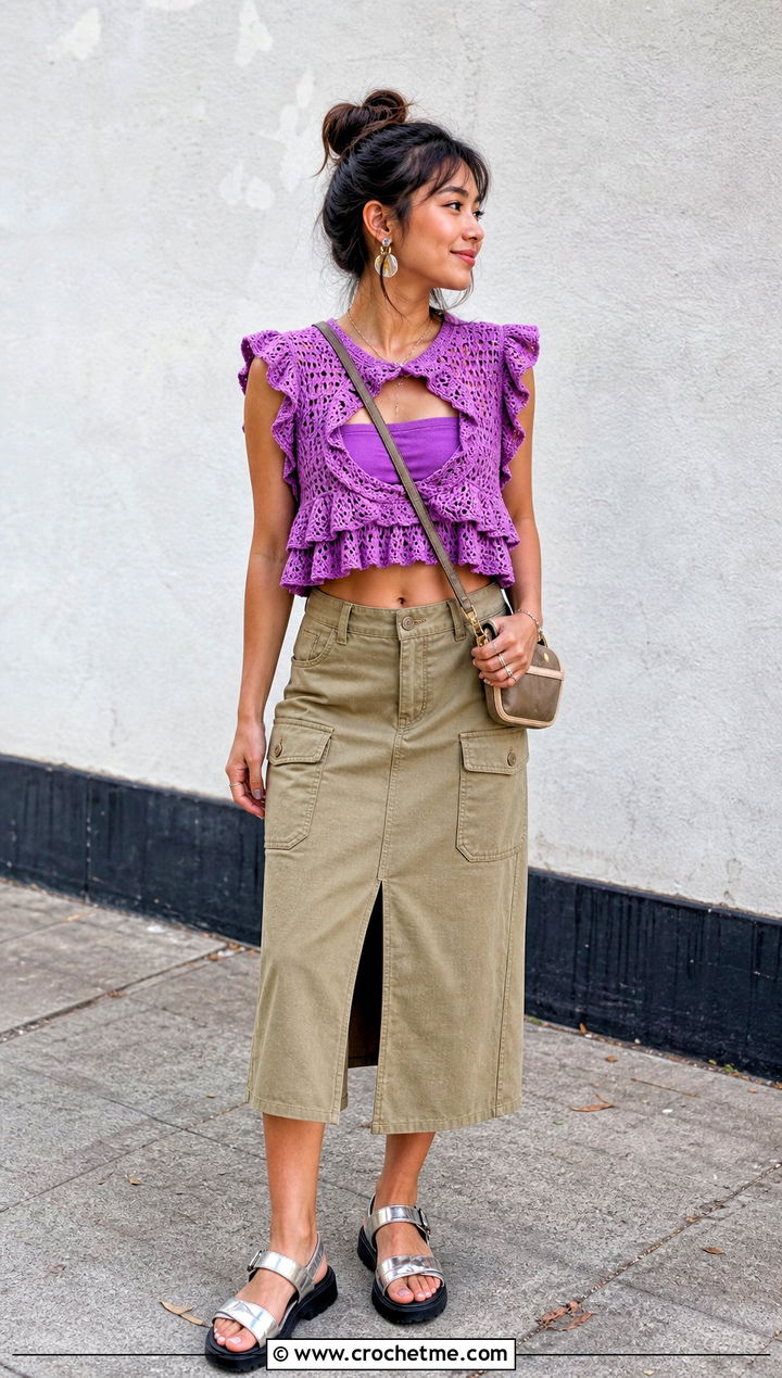 Ruffled Crochet Peekaboo Crop Top With a Utility Midi Skirt - 15 crochet peekaboo top outfit ideas
