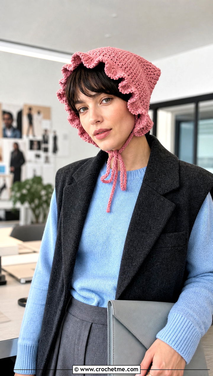 Ruffled Crochet Pixie Bonnet With Tailored Trousers - 30 crochet pixie hat outfit ideas