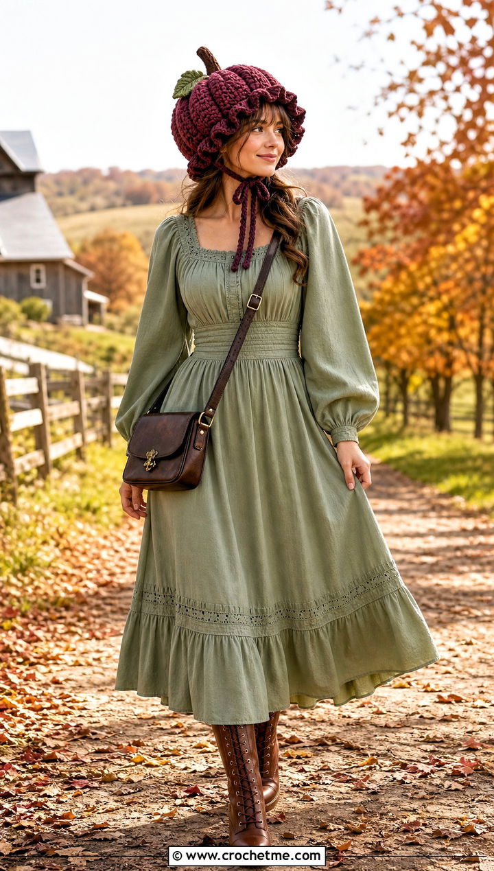 Ruffled Crochet Pumpkin Bonnet With Prairie Dress - 35 crochet pumpkin hat outfit ideas