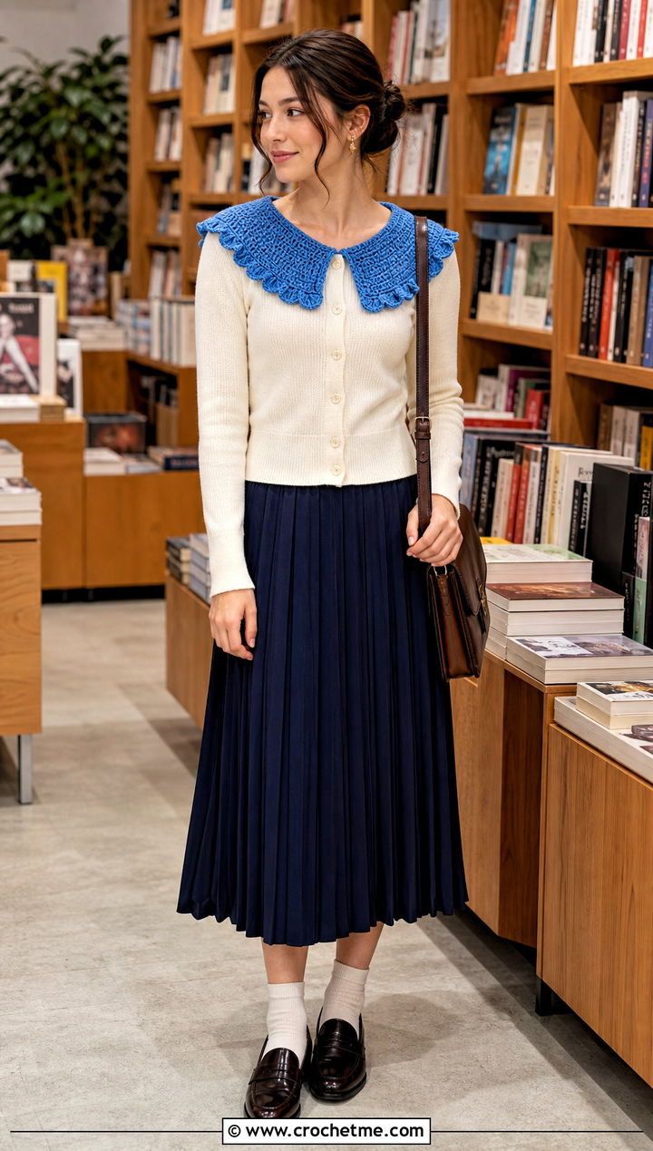 Ruffled Crochet Sailor Collar With Cardigan And Pleated Skirt - 30 crochet sailor collar outfit ideas