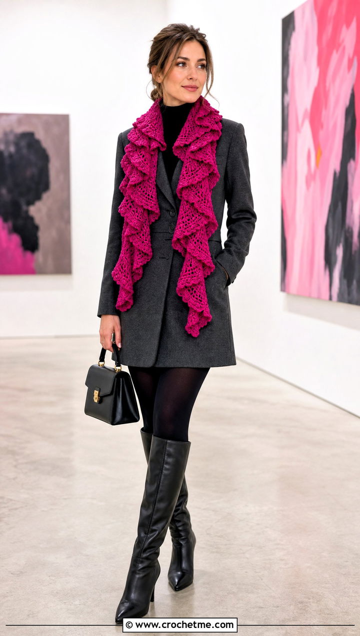 Ruffled Crochet Scarf With Blazer Dress and Tall Boots - 35 Winter Crochet Scarf outfit ideas