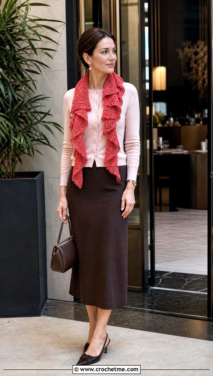 Ruffled Crochet Scarf With Cardigan And Column Skirt - 15 Dainty Crochet Scarf outfit ideas