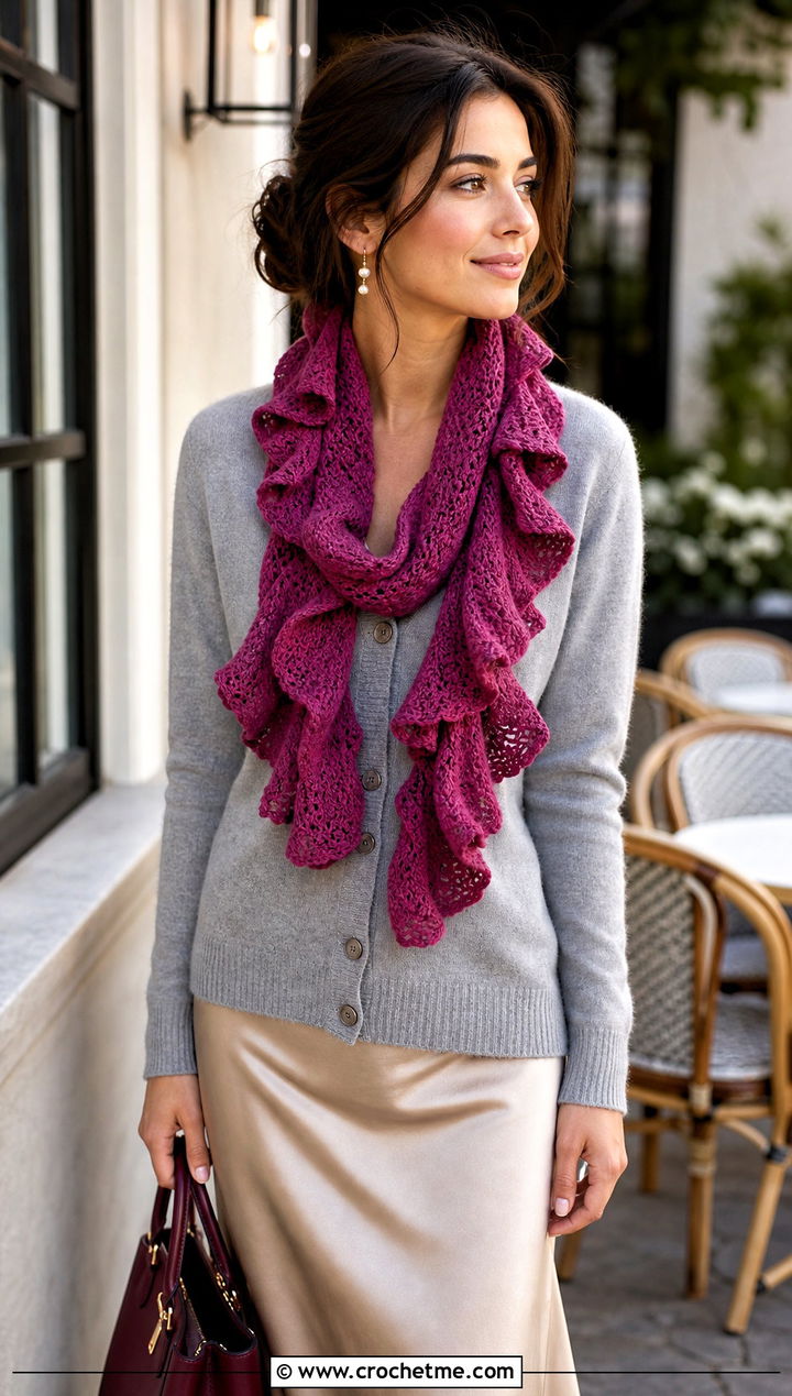 Ruffled Crochet Scarf With Cardigan And Satin Skirt - 25 pretty crochet scarf outfit ideas