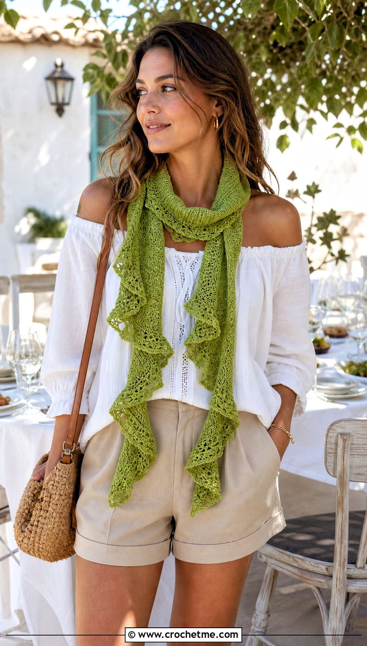 Ruffled Crochet Scarf With Peasant Blouse and Shorts - 25 boho crochet scarf outfit ideas