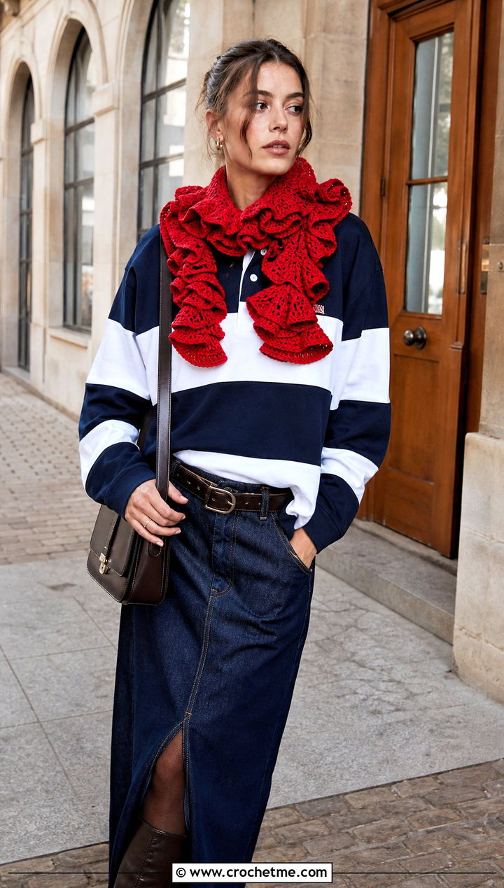 Ruffled Crochet Scarf With Rugby Shirt - 15 unusual crochet scarf outfit ideas