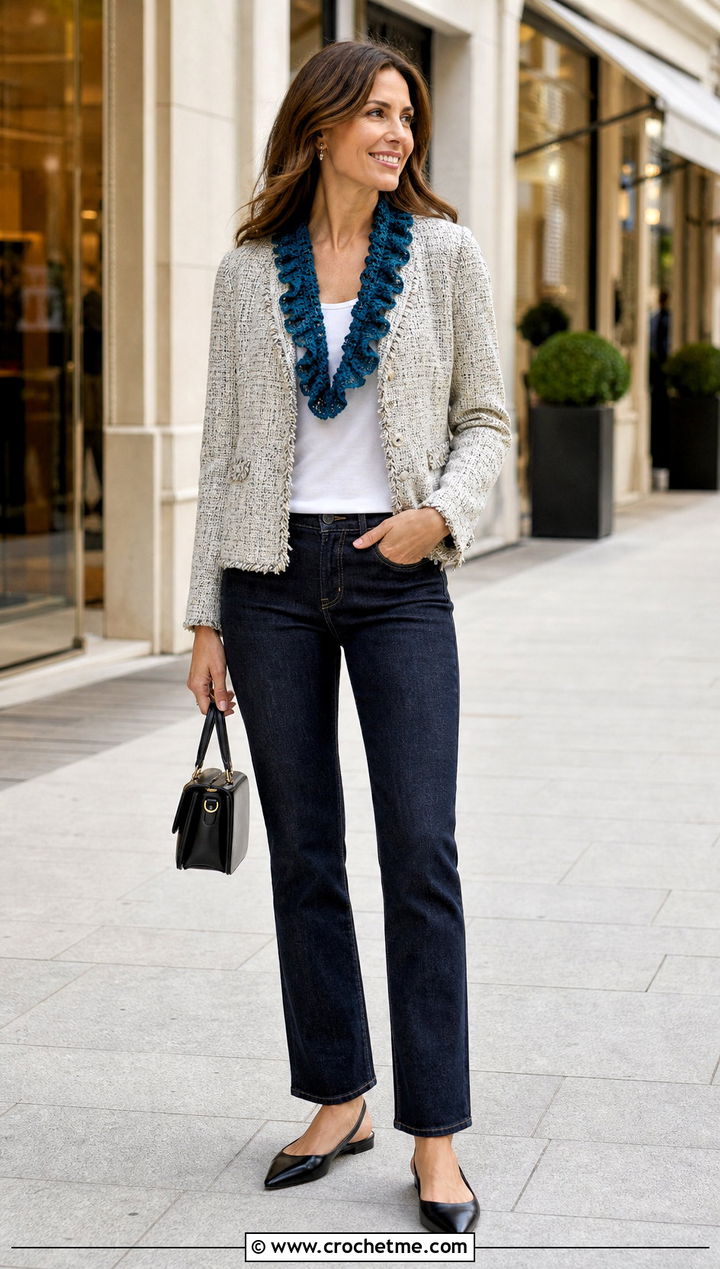 Ruffled Crochet Scarflet With Tweed Jacket And Straight Jeans - 35 crochet mini scarf outfit ideas