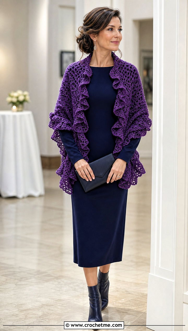 Ruffled Crochet Shawl With Column Dress - 25 Fall Crochet Shawl outfit ideas