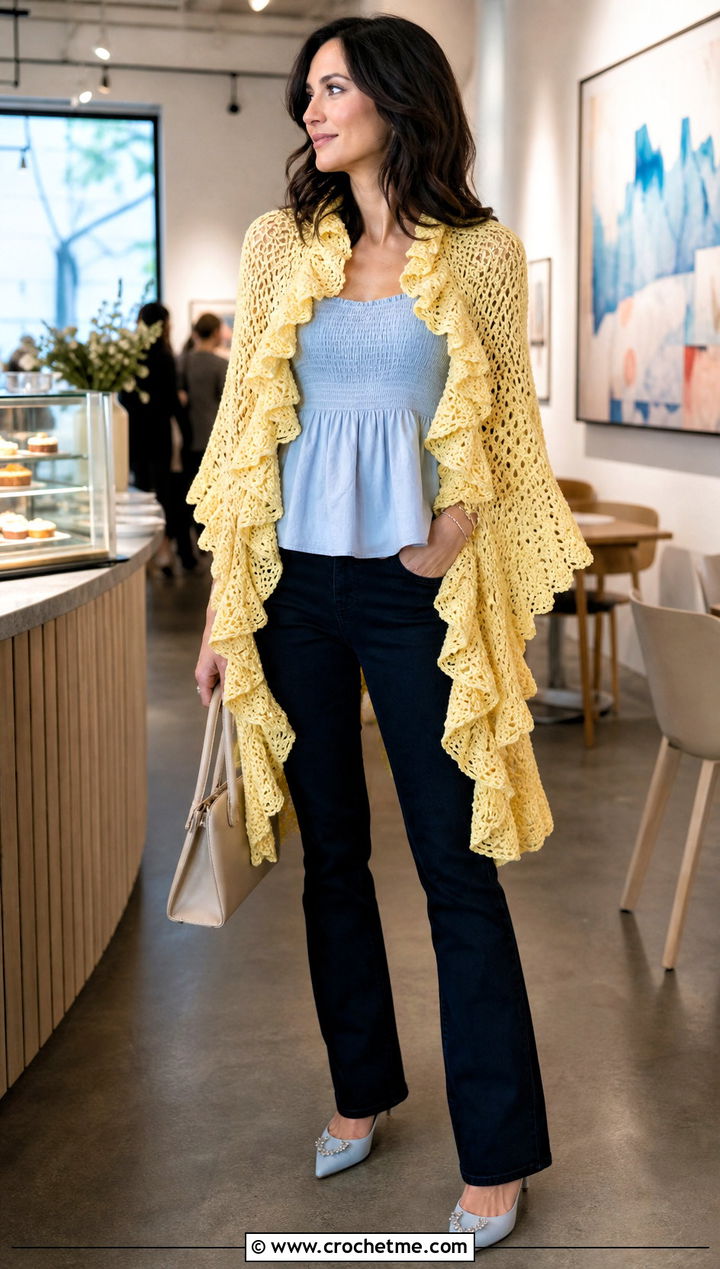 Ruffled Crochet Shawl With Tailored Jeans - 25 Crochet A Shawl outfit ideas