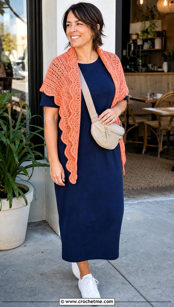 Ruffled Crochet Shoulder Shawl With T Shirt Dress - 25 Crochet Shoulder Shawl outfit ideas