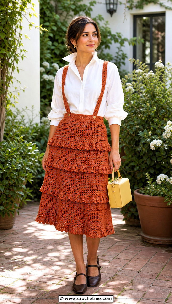 Ruffled Crochet Suspender Skirt With Poplin Blouse - 25 crochet skirt with suspenders outfit ideas