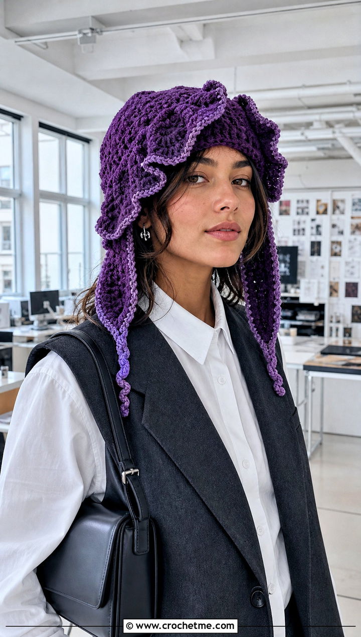 Ruffled Crochet Ushanka Hat With Tailored Vest - 30 crochet ushanka hat outfit ideas