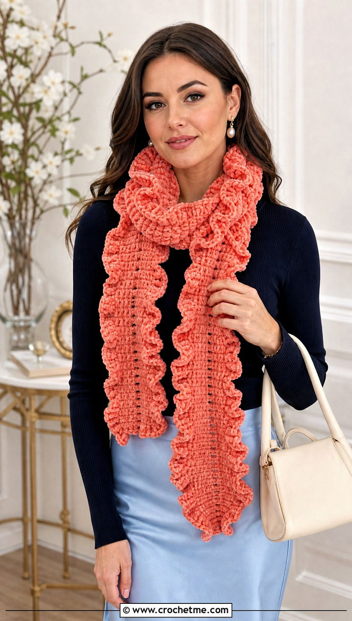 Ruffled Crochet Velvet Scarf With Midi Skirt - 25 Crochet Velvet Scarf outfit ideas