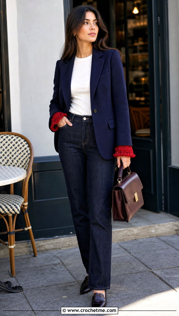 Ruffled Crochet Wrist Warmers With Blazer And Jeans - 35 crochet hand warmer outfit ideas