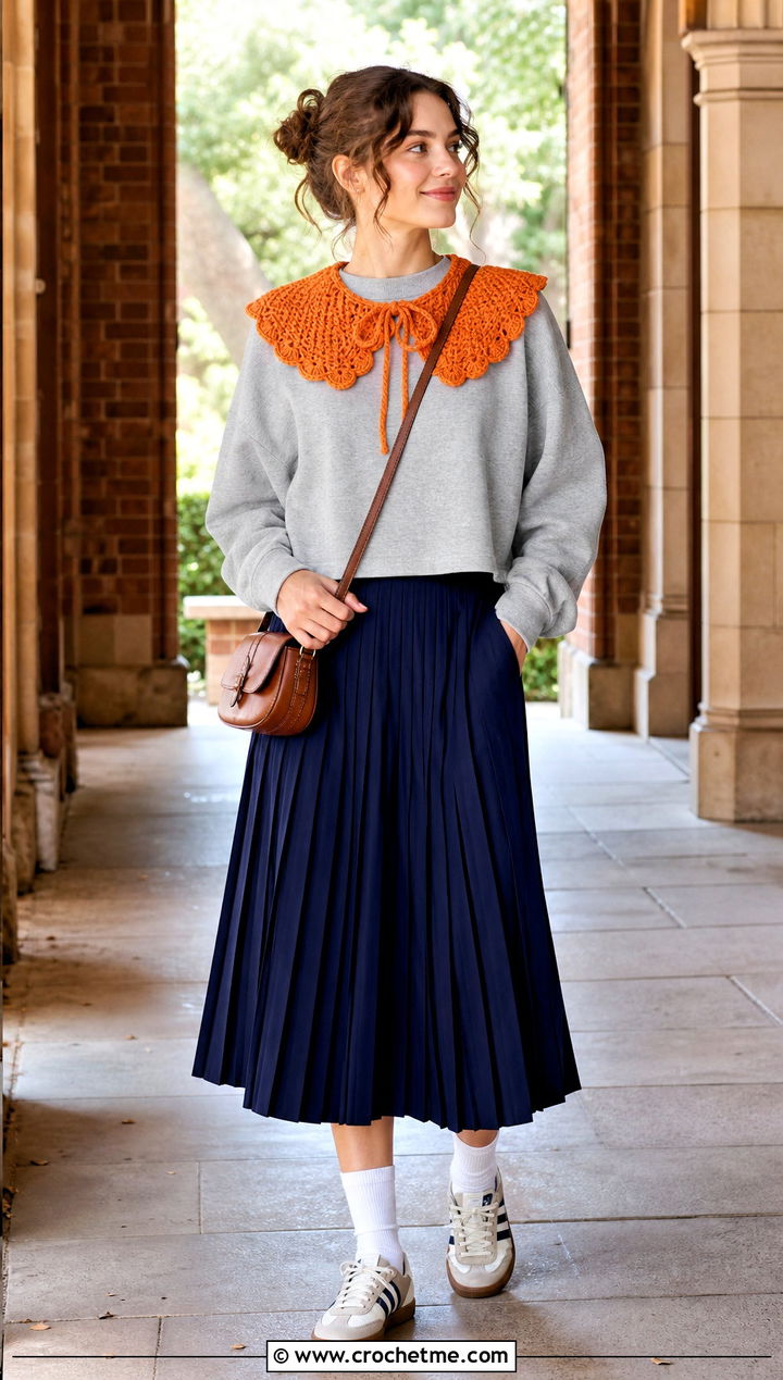 Ruffled Crocheted Collar With Sweatshirt And Pleated Skirt - 15 Crocheted Collars outfit ideas