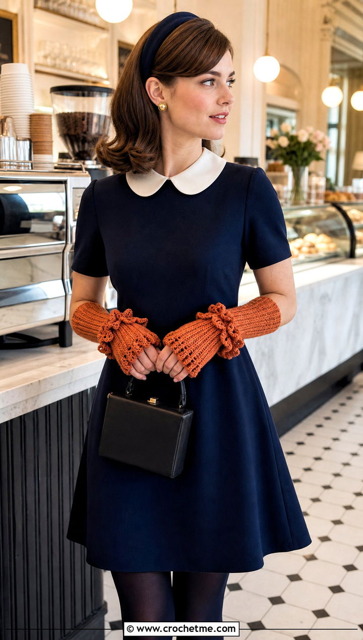 Ruffled Cuff Crochet Arm Warmers With Peter Pan Collar Dress - 15 crochet arm warmers vintage-styled outfit ideas