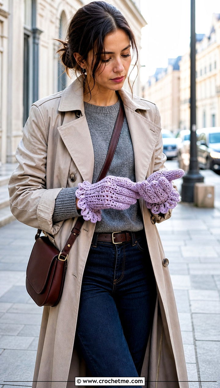 Ruffled Cuff Crochet Lace Gloves With Trench Coat And Jeans - 30 crochet lace gloves outfit ideas