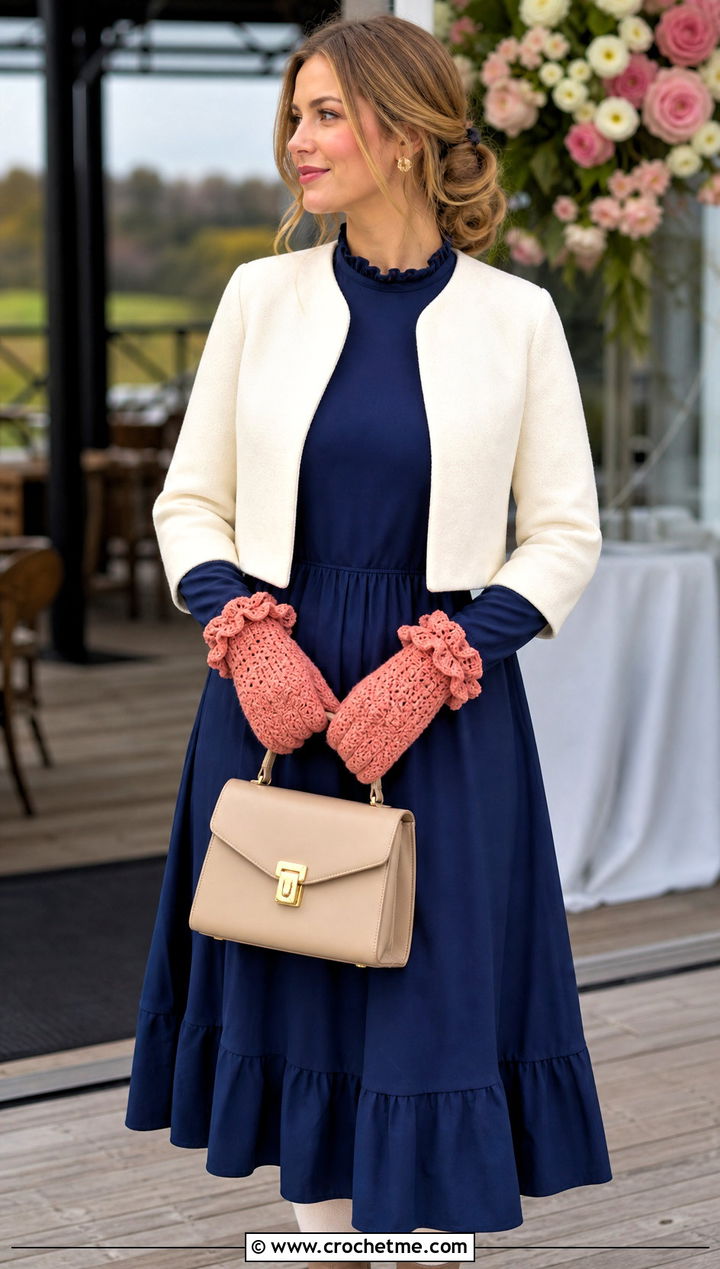 Ruffled Cuff Crochet Mittens With Midi Dress - 25 quick crochet mittens outfit ideas