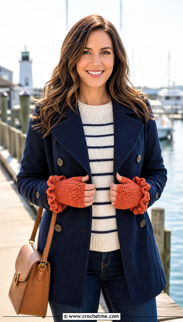 Ruffled Cuff Fingerless Crochet Gloves With Peacoat - 30 fingerless crochet gloves outfit ideas