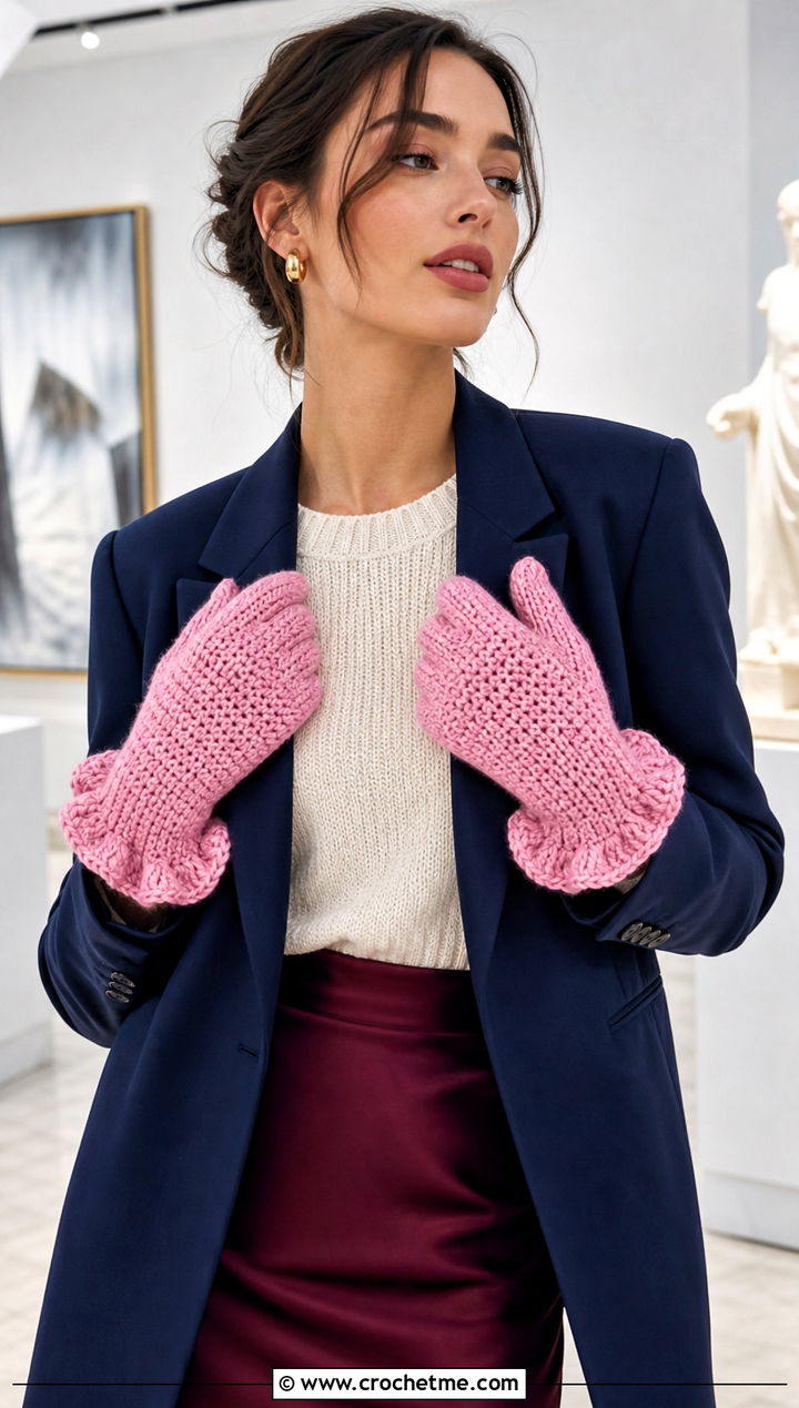 Ruffled Cuff Split Tabi Crochet Mittens With Blazer And Midi Skirt - 25 Tabi Crochet Mittens outfit ideas