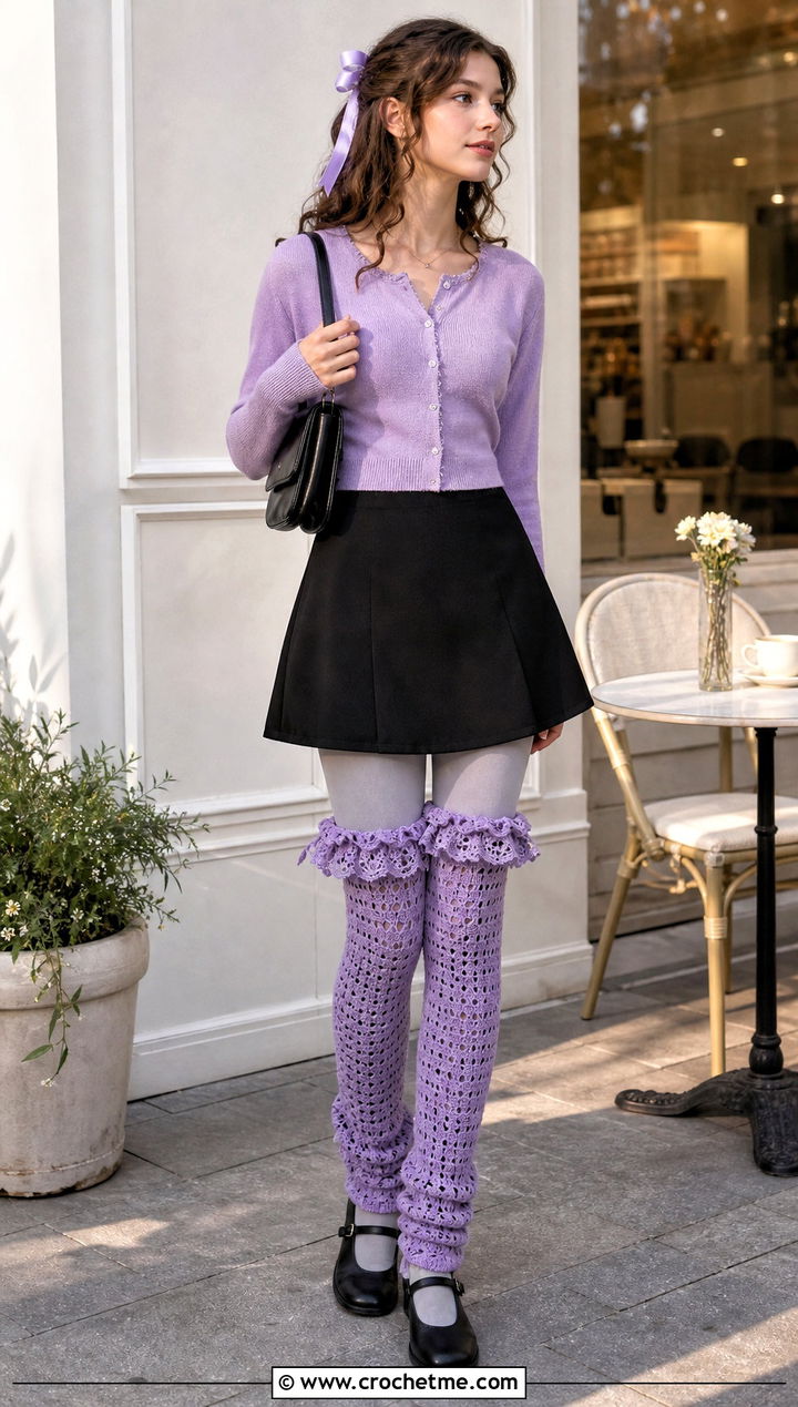 Ruffled Cuff Thigh High Crochet Leg Warmers With A Line Mini Skirt - 25 Thigh High Crochet Leg Warmers outfit ideas