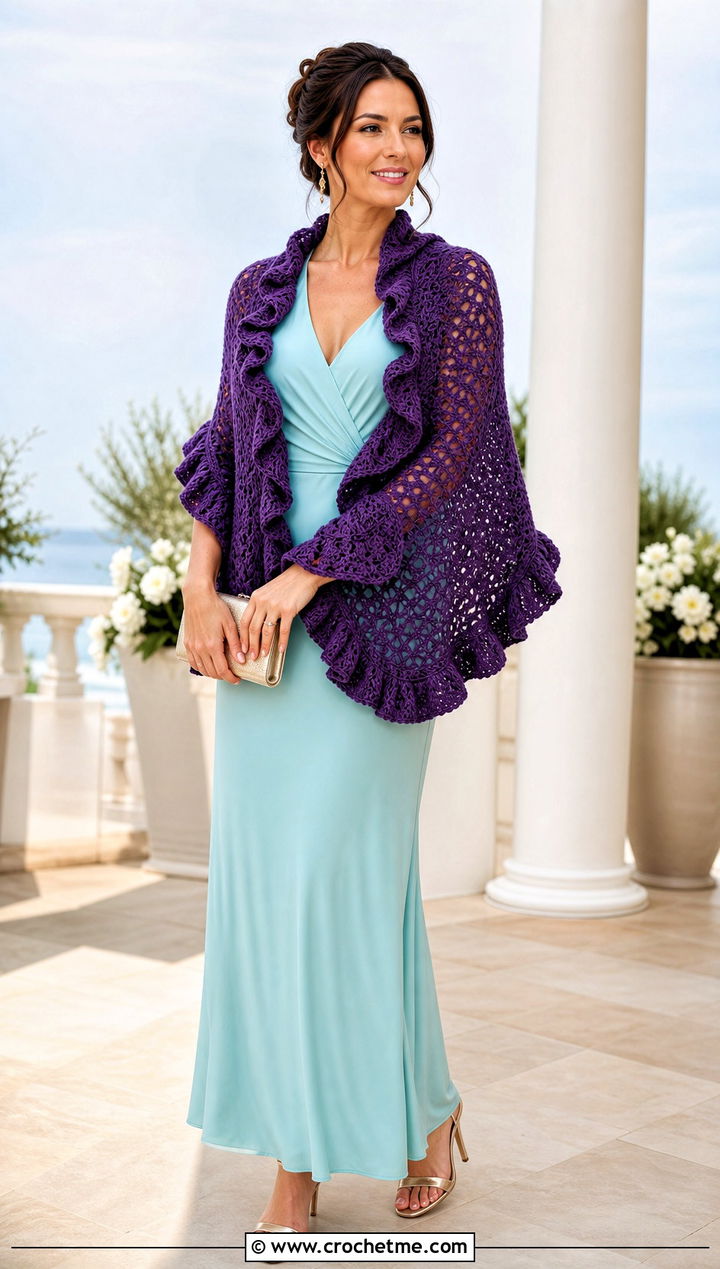 Ruffled Edge Circular Shawl With a Maxi Dress - 30 crochet circular shawl outfit ideas