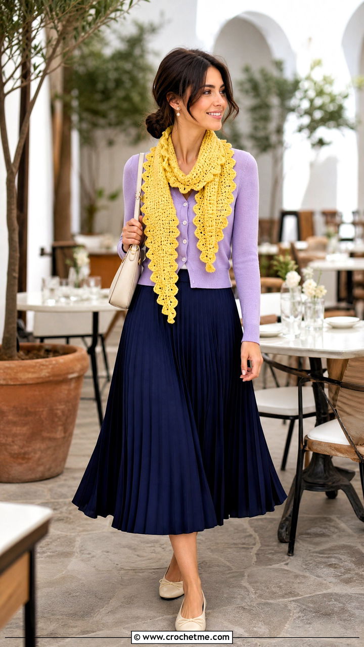 Ruffled Edge Crochet Scarf With Cardigan And Pleated Skirt - 35 quick crochet scarf outfit ideas